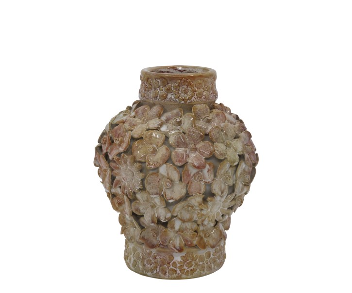 Ružová kameninová váza s kvetinovou dekoráciou – Ø 15,5*19 cm Chic Antique