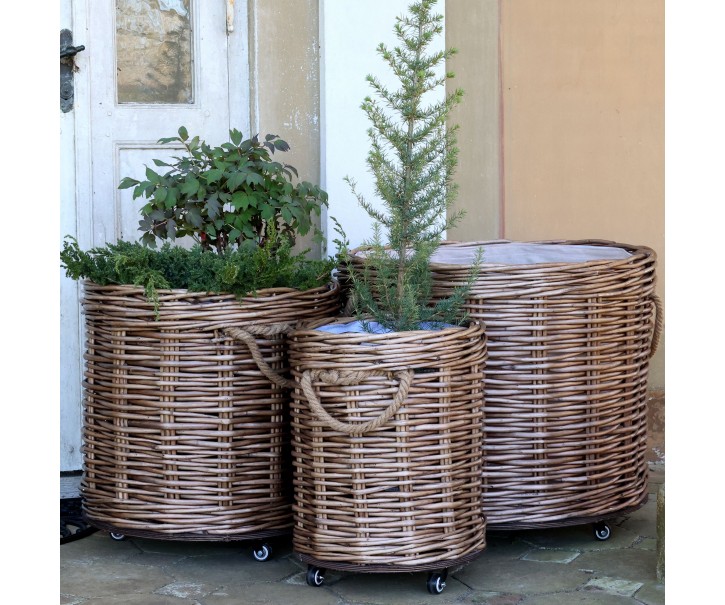 Sada 3ks hnědých košů French Basket Nature s kolečky – Ø 70*60/ Ø 54*50/ Ø 40*45 cm Chic Antique