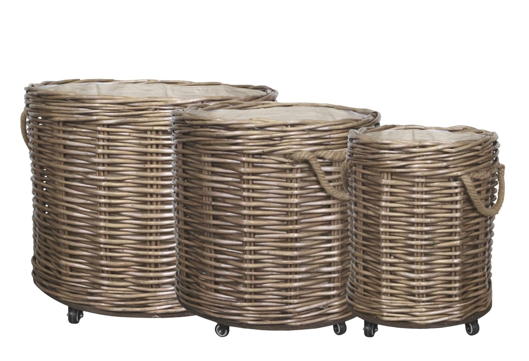 Sada 3ks hnědých košů French Basket Nature s kolečky – Ø 70*60/ Ø 54*50/ Ø 40*45 cm