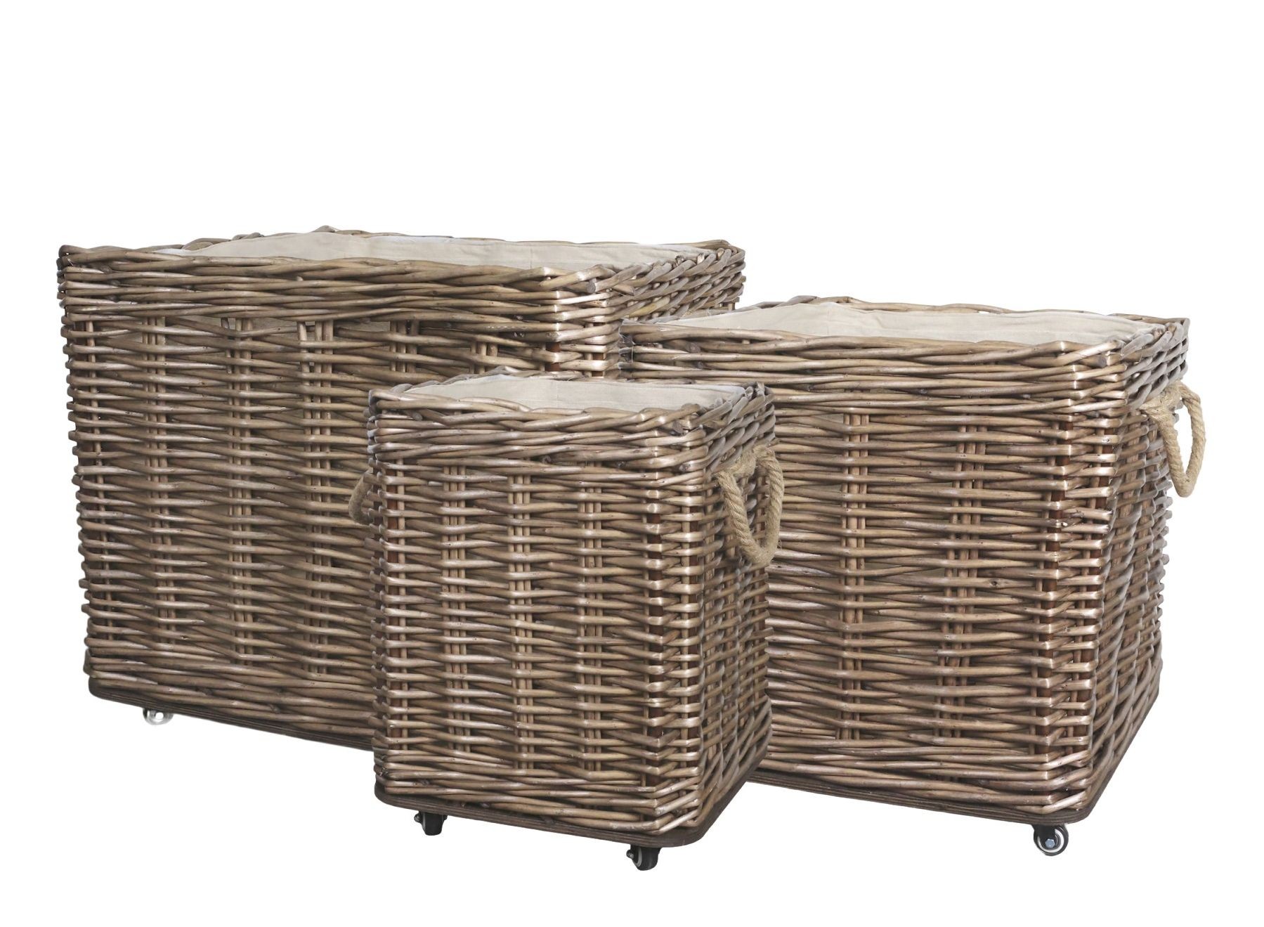 Sada 3ks hnědých košů French Basket Nature s kolečky – 70*70*60/ 55*55*51/ 40*40*45 cm
