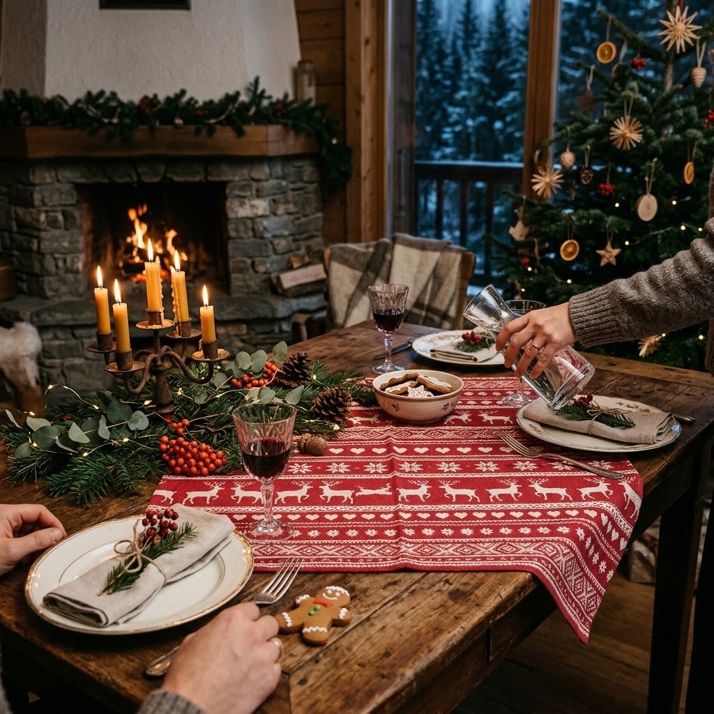 Červený bavlněný ubrus na stůl Nordic Christmas New - 100*100 cm