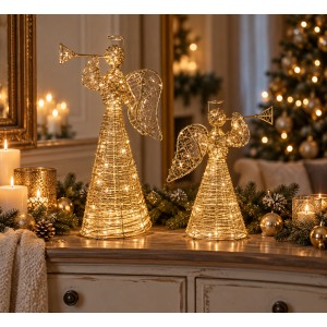 Zlatý kovový anděl s trubkou a LED osvětlením - 22*8*30 cm / 3*AA