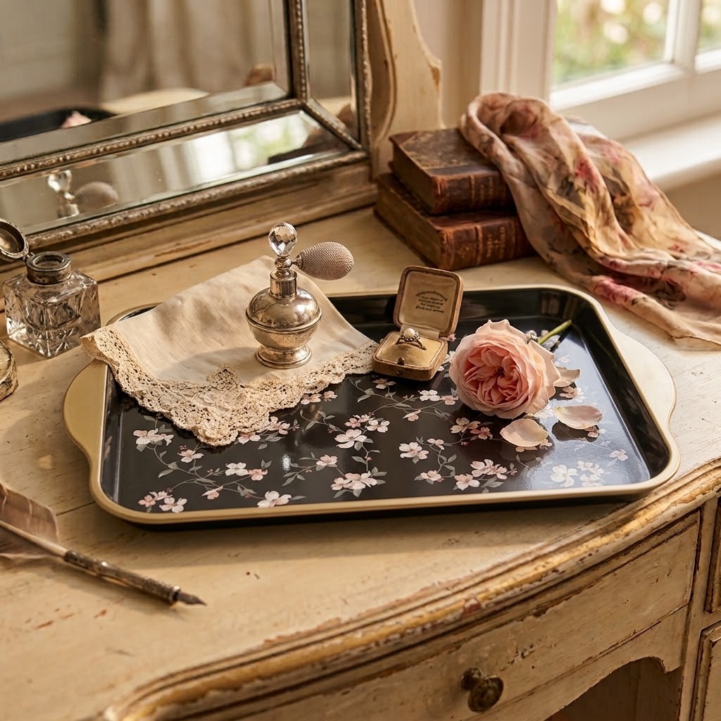 Černo-zlatý umělý dekorativní podnos s květy Vintage Flower - 38*27*2 cm
