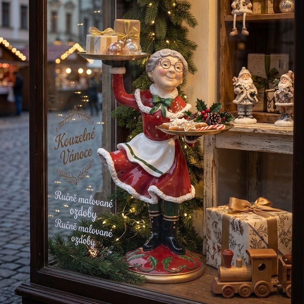 Vánoční dekorace figurka babča držící podnosy - 47*32*62 cm