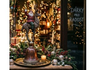 Vánoční dekorace figurka Santa na sobovi stojící na zvonku - 24*20*63 cm