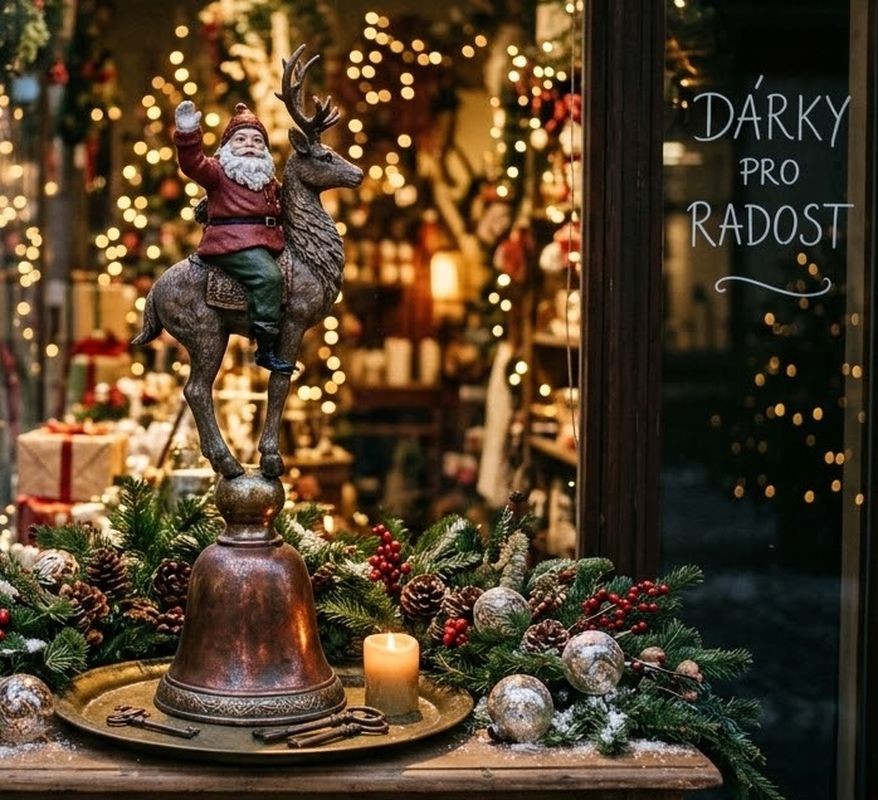 Vánoční dekorace figurka Santa na sobovi stojící na zvonku - 24*20*63 cm