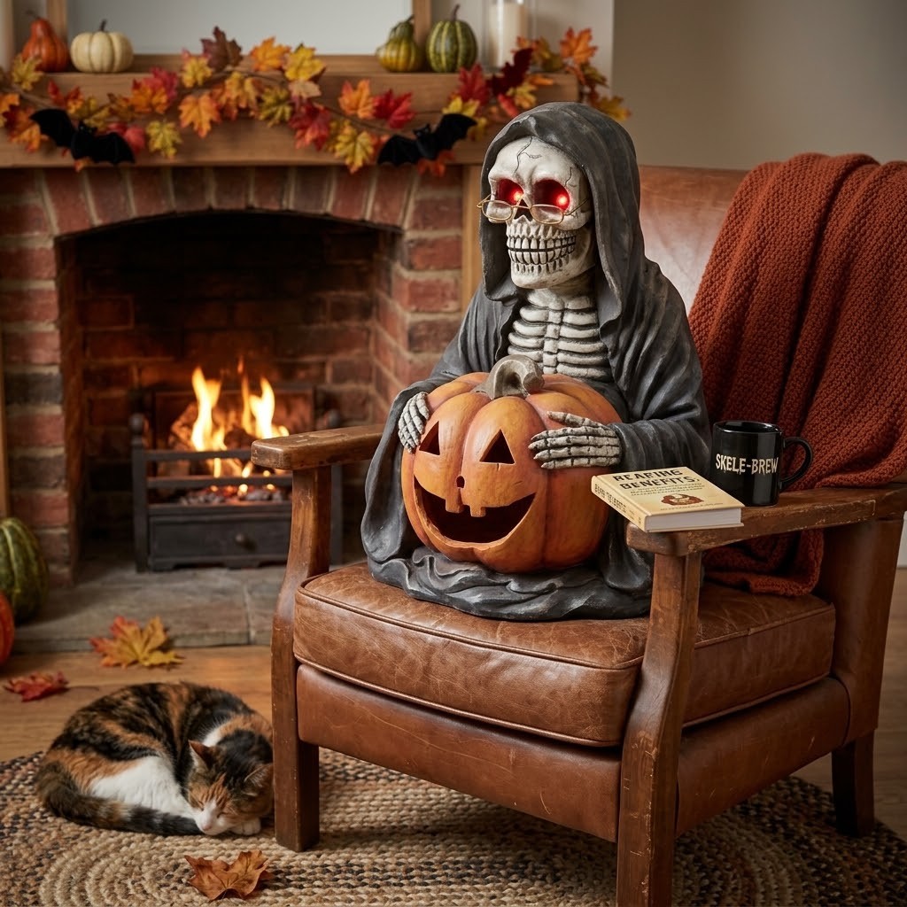 Halloween dekorace kostlivec v černém plášti a dýní - 38*33*54 cm