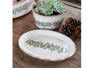 Béžový keramický podnos s cesmínou Holly Christmas Antique – 25*18*2,5 cm