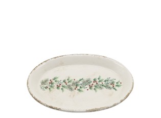 Béžový keramický podnos s cesmínou Holly Christmas Antique – 25*18*2,5 cm