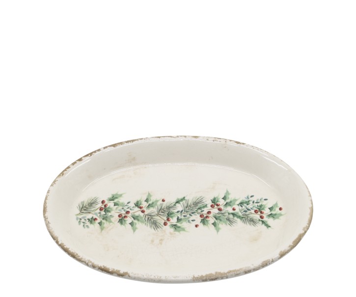 Béžový keramický podnos s cesmínou Holly Christmas Antique – 25*18*2,5 cm Chic Antique