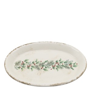 Béžový keramický podnos s cesmínou Holly Christmas Antique – 25*18*2,5 cm
