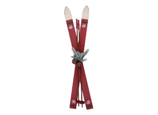 Červené dřevěné dekorativní vintage lyže s hůlkami – 22*9*90 cm