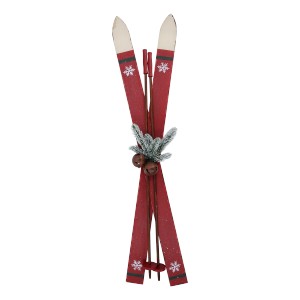 Červené dřevěné dekorativní vintage lyže s hůlkami – 22*9*90 cm