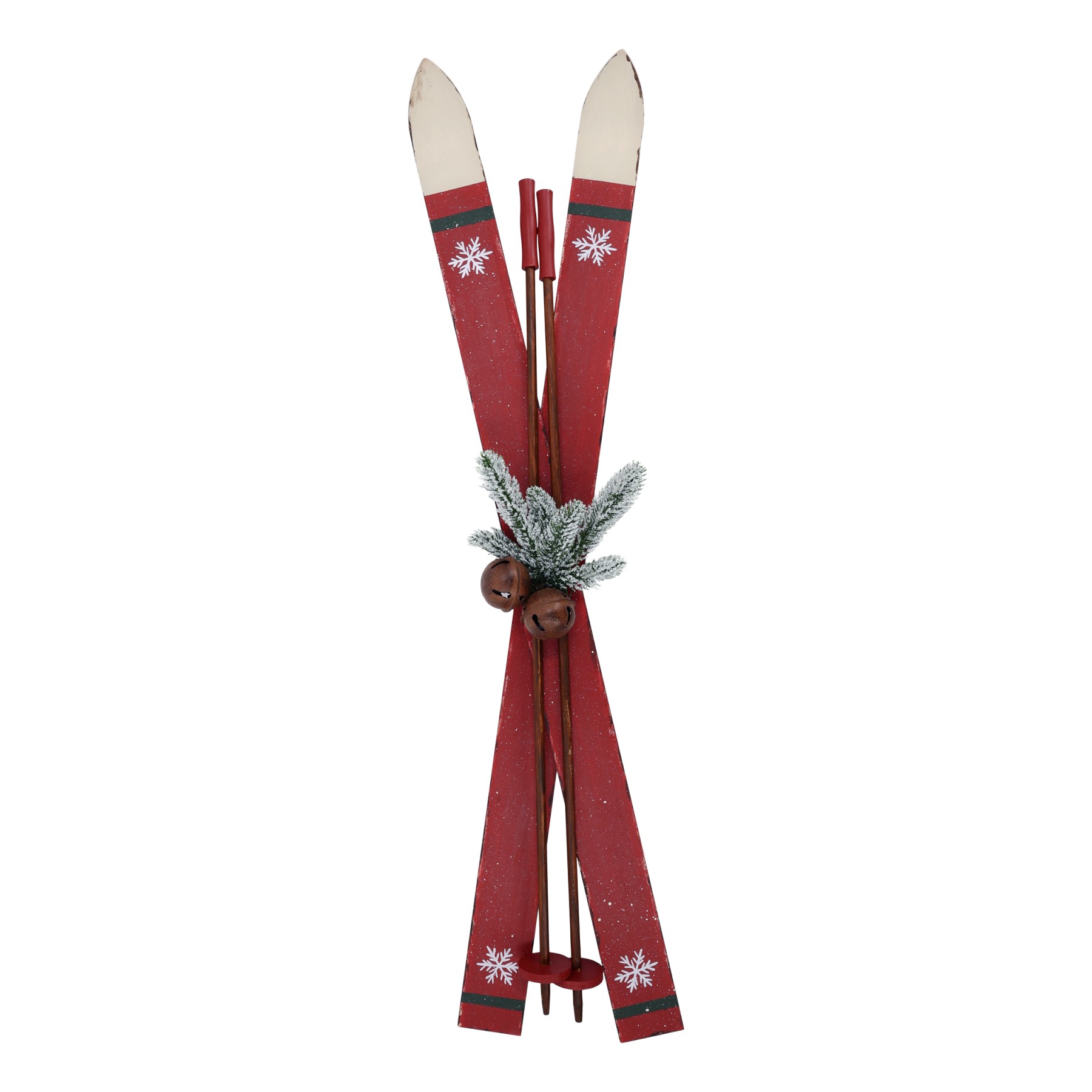 Červené dřevěné dekorativní vintage lyže s hůlkami – 22*9*90 cm