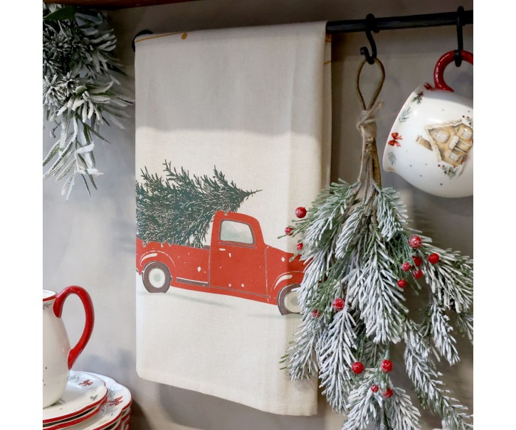Bavlněná utěrka Aix bílá s krémovým potiskem auta – 50*70 cm Chic Antique