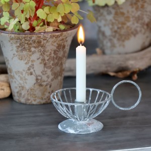 Šedý antik kovový svícen na úzkou svíčku Chamberstick – 11*7*6 cm / Ø 1,2cm
