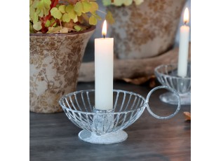 Šedý antik kovový svícen na úzkou svíčku Chamberstick – 13*9*6 cm / Ø 2cm
