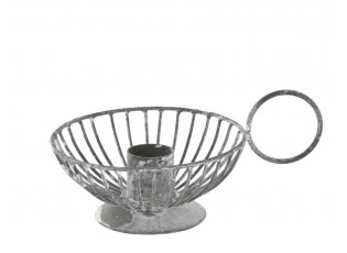 Šedý antik kovový svícen na úzkou svíčku Chamberstick – 13*9*6 cm / Ø 2cm