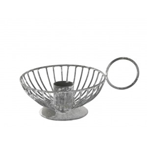 Šedý antik kovový svícen na úzkou svíčku Chamberstick – 13*9*6 cm / Ø 2cm