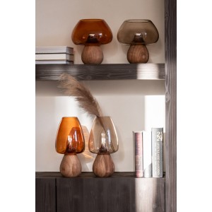 Karamelová skleněná váza na dřevěném podstavci houba Mushroom – 22*22*23,5 cm