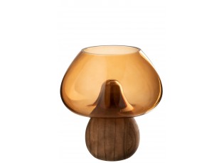 Karamelová skleněná váza na dřevěném podstavci houba Mushroom – 22*22*23,5 cm