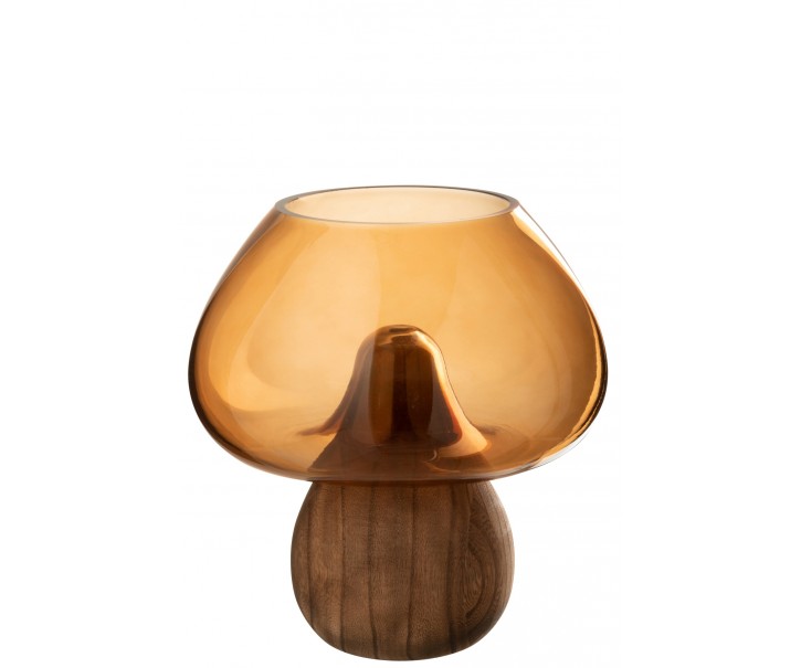 Karamelová skleněná váza na dřevěném podstavci houba Mushroom – 22*22*23,5 cm J-Line by Jolipa