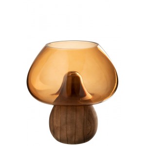 Karamelová skleněná váza na dřevěném podstavci houba Mushroom – 22*22*23,5 cm