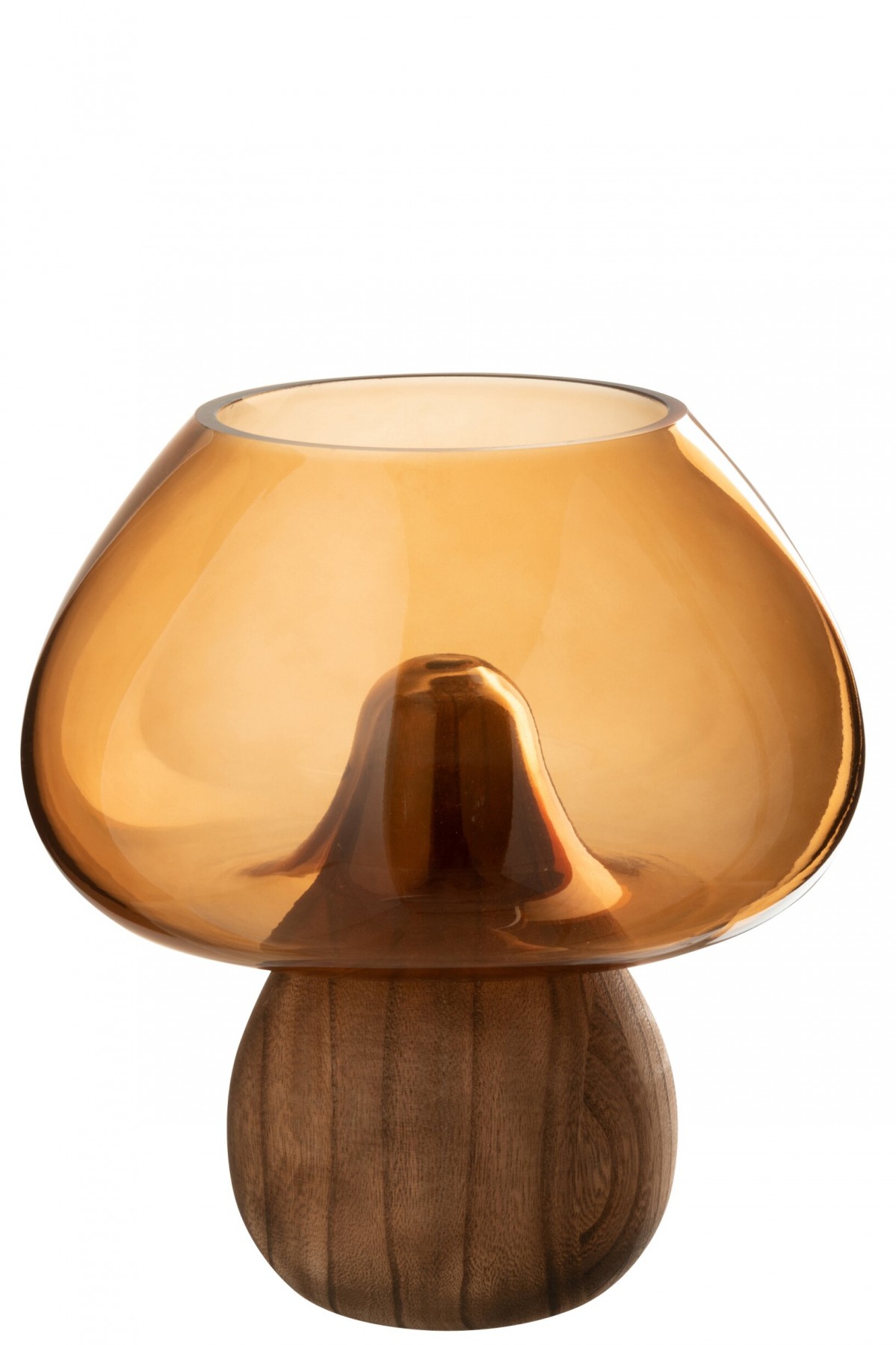 Karamelová skleněná váza na dřevěném podstavci houba Mushroom – 22*22*23,5 cm