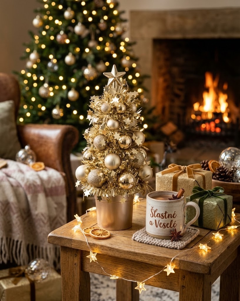 Zlatá vánoční dekorace stromeček s ozdobami Chrism Bauble – 10*10*20,5 cm