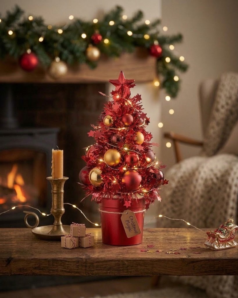 Červená vánoční dekorace stromeček s ozdobami Chrism Bauble – 10*10*20,5 cm