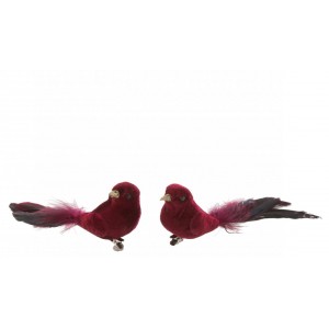 Sada 2 kousků sametových klipů Bird v červené barvě s péřovým zdobením – 16*5*5 cm