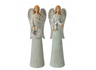 Sada 2ks stříbrno-zelený vintage anděl se třpytkami Angel Glitter – 7*5*24 cm