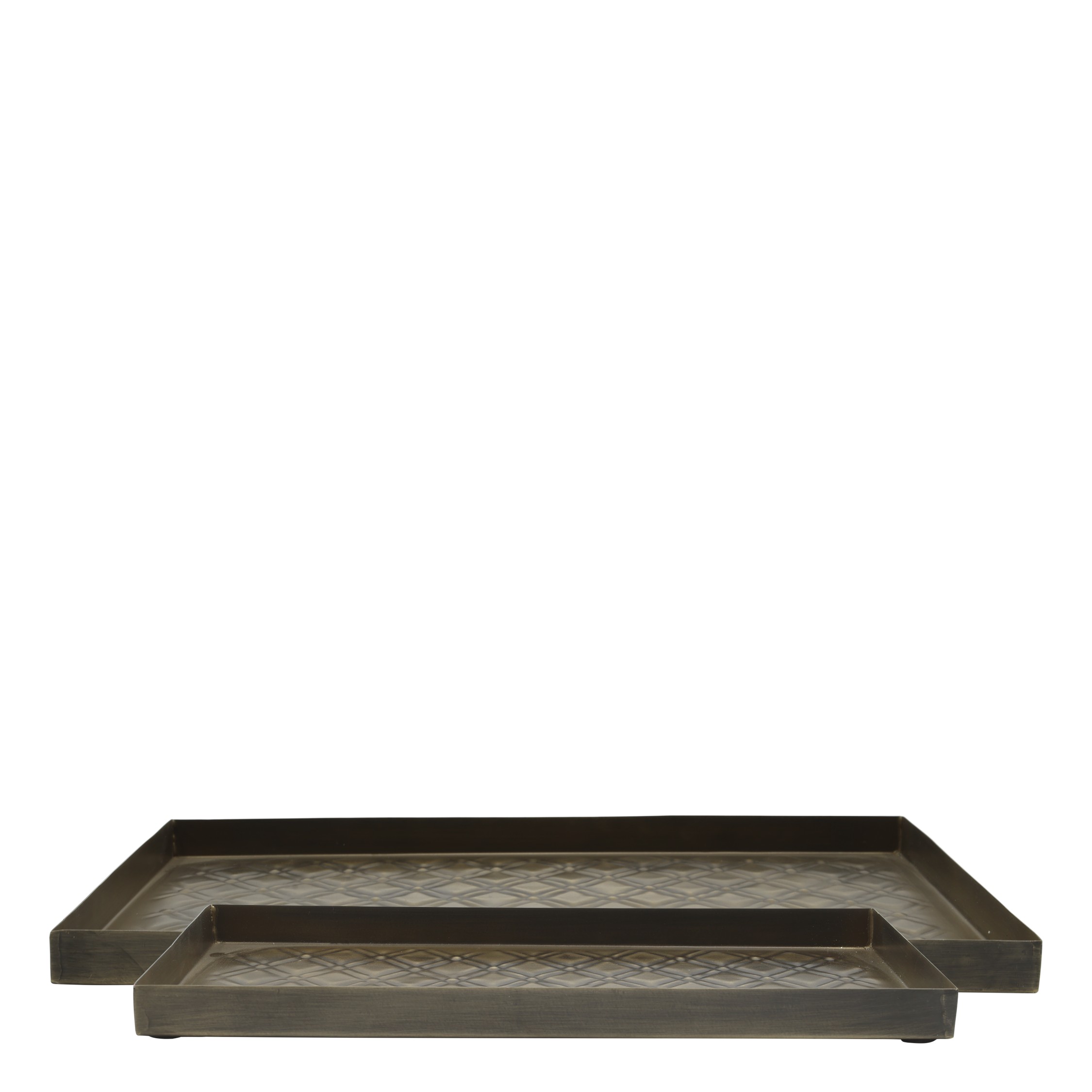 Sada 2ks mosazných antik kovových podnosů s vzorem Tray Antique – 31*16*2/ 35*24*2 cm Chic Antique Sada 2ks mosazných antik kovových podnosů s vzorem Tray Antique – 31*16*2/ 35*24*2 cm Chic Antique