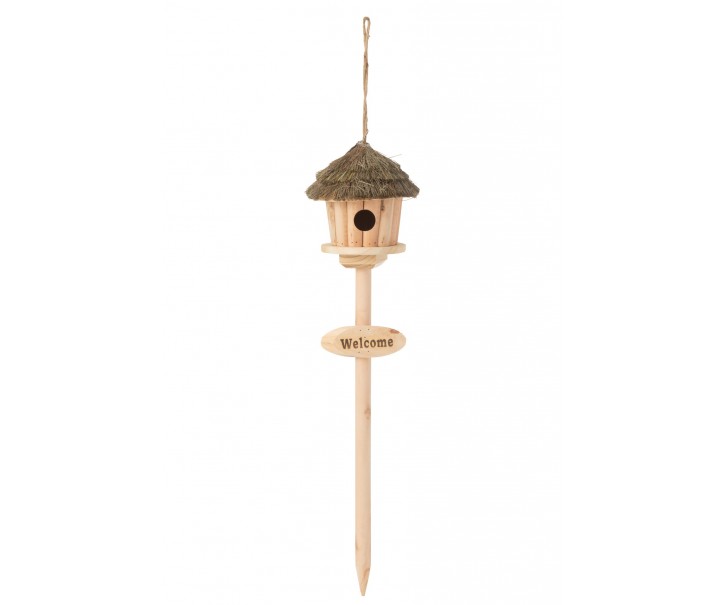 Přírodní dřevěná ptáčí budka na stojanu Welcome – 17*17*72 cm J-Line by Jolipa
