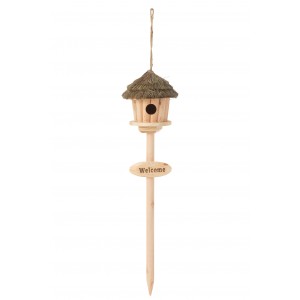 Přírodní dřevěná ptáčí budka na stojanu Welcome – 17*17*72 cm