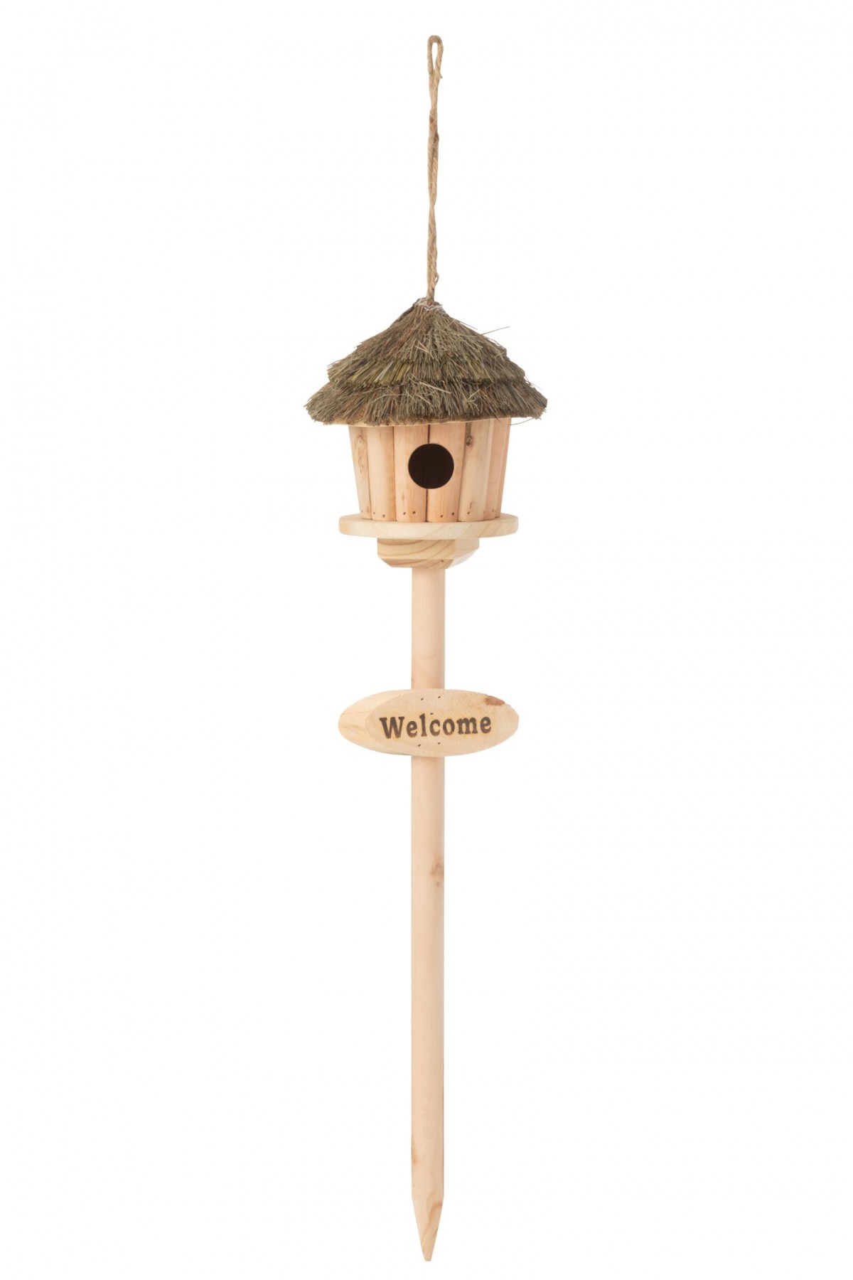 Přírodní dřevěná ptáčí budka na stojanu Welcome – 17*17*72 cm