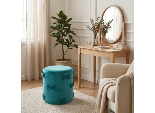 Tyrkysový sametový taburet s mašlemi Pouf Bow petrol – 37*37*42 cm