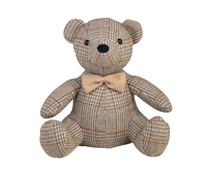 Zarážka ke dveřím kostkovaný šedohnědý medvídek – 31*15*23 cm Mars & More 