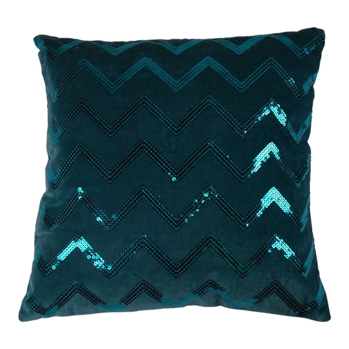 Tyrkysový sametový polštář s flitry Zigzag – 45*45 cm