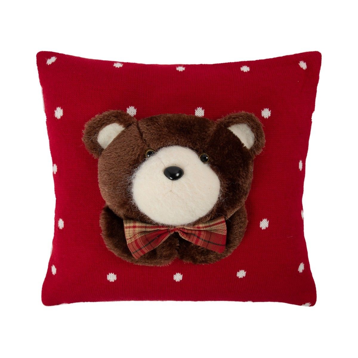 Červený pletený puntíkatý polštář s medvírkem Bear – 40*40*7 cm