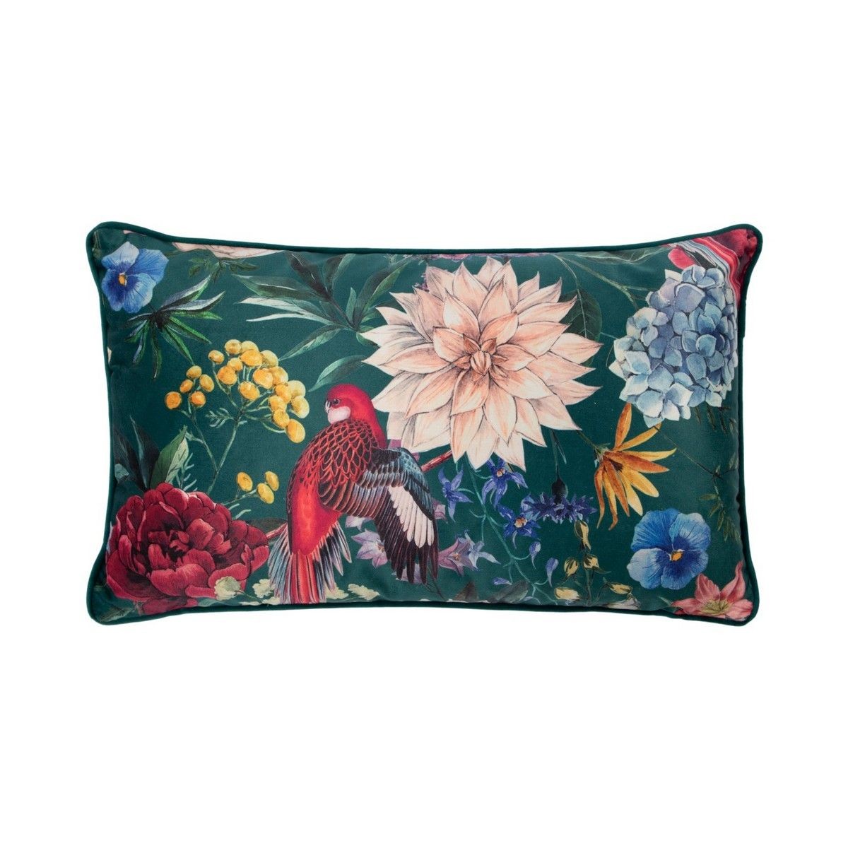 Zelený sametový polštář s květy Imelda – 30*50*8 cm