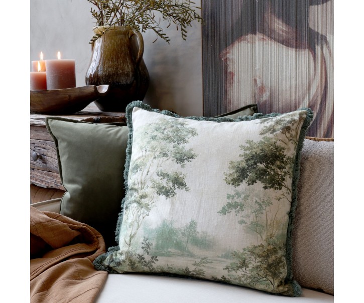 Povlak na polštář Aix s botanickým motivem a třásněmi – 50*50 cm Chic Antique