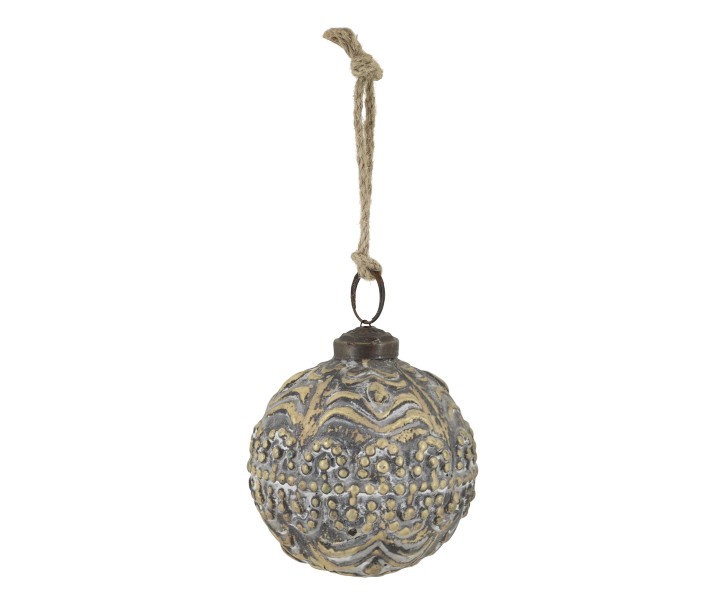 Šedá antik vánoční skleněná koule se vzorem – Ø 7 cm Chic Antique