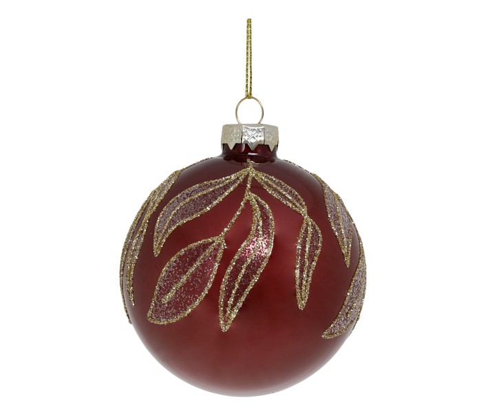 Vínová skleněná vánoční ozdoba s listy Bauble – Ø 8 cm Chic Antique