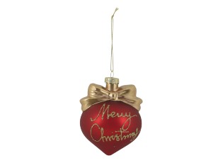 Červená skleněná vánoční baňka s mašlí Merry Christmas – Ø 8*10 cm