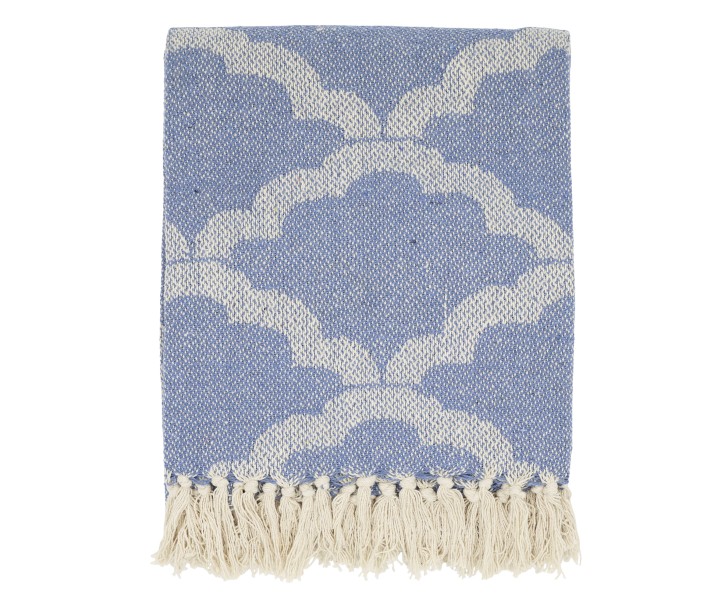 Bavlněný modrý pléd se vzorem a třásněmi Aix Vintage – 150*130 cm Chic Antique