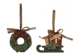 Sada 2ks závěsných dekorací Noël věneček a sáňky třešňové barvy – 9*2*8,5 cm