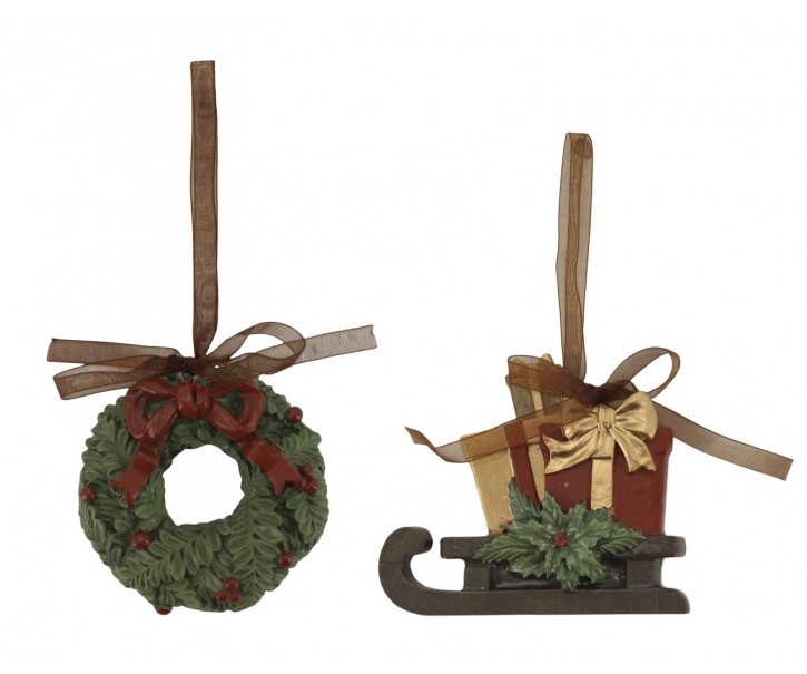Sada 2ks závěsných dekorací Noël věneček a sáňky třešňové barvy – 9*2*8,5 cm Chic Antique