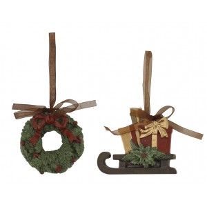 Sada 2ks závěsných dekorací Noël věneček a sáňky třešňové barvy – 9*2*8,5 cm