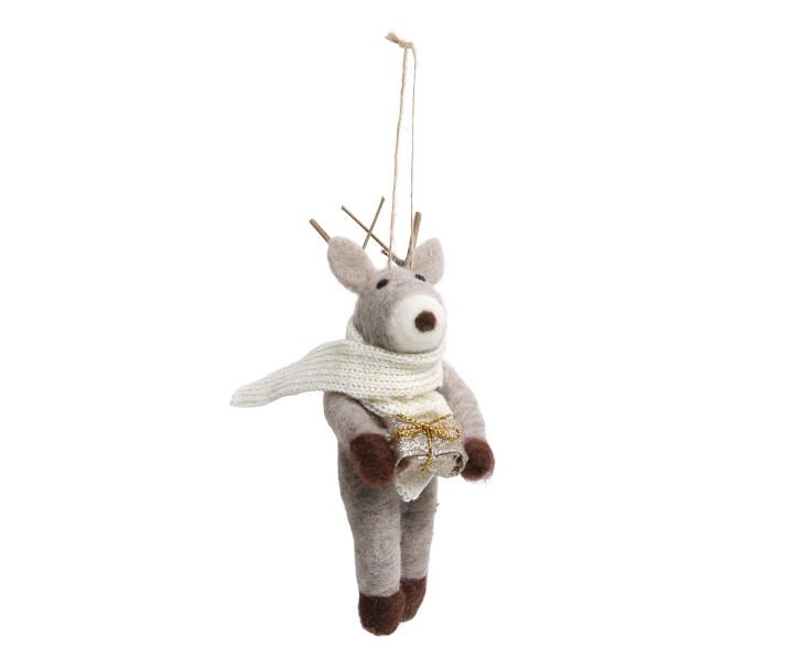 Šedá plstěná vánoční ozdoba Sob s dárečkem – Ø 5*15 cm Chic Antique